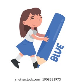 Tiny Girl Holding Huge Blue Pencil, Cute Girl in Blue Skirt and White T-shirt Drawing with Large Crayon Cartoon Style Vector Illustration