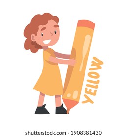 Tiny Girl Holding Huge Yellow Pencil, Cute Girl in Yellow Dress Drawing with Large Crayon Cartoon Style Vector Illustration