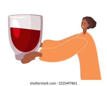 Tiny Girl holding large glass of red beverage. Side view. juice or wine Glass. Smiling Young woman gives refreshing drink Flat design isolated on white background