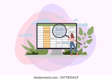 Tiny girl with huge magnifier analyzing financial data sheet. Computer monitor with accounting report vector illustration. Finace, bookkeeping software, technology concept