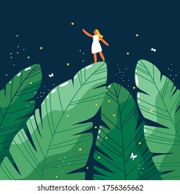 Tiny girl in a jungle forest at night, cartoon vector illustration
