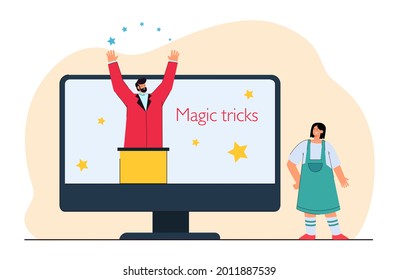 Tiny Girl Next To Huge Monitor Learning Magic Tricks. Flat Vector Illustration. Girl Watching Show With Tricks And Illusions On Internet. Joke, Performance, Entertainment, Online, Childhood Concept