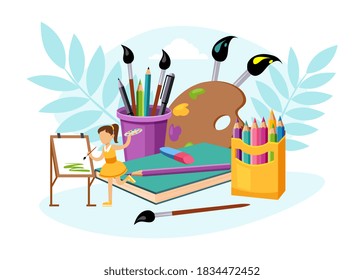 Tiny Girl Painter Painting on Easel with Paint Brush, Art and Craft, Creative Children Education Cartoon Vector Illustration