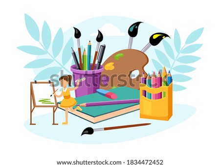 Tiny Girl Painter Painting on Easel with Paint Brush, Art and Craft, Creative Children Education Cartoon Vector Illustration
