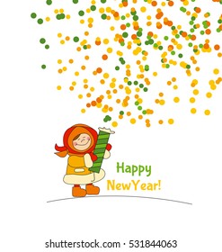 Tiny girl playing with slapstick petard. Adorable kids in winter clothes playing outdoor. Christmas celebration children cartoon vector illustration. Simple cute xmas motif. 
