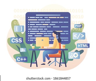 Tiny girl programmer or developer create code programming language. Programming and engineering development. PHP, HTML, C++, CSS, Js. Modern flat cartoon style. Vector illustration on white background