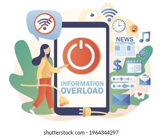 Tiny girl protecting themselves from flow of information and news turning off smartphone. Information detox. Information overload. Digital detox. Modern flat cartoon style. Vector illustration