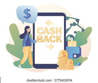 Tiny girl refund money in app. Cash back concept. Reward program, transfer money, online banking, online shopping, money growth. Modern flat cartoon style. Vector illustration on white background