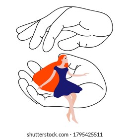 A tiny girl sits on a huge male palm, the second palm covers her from above. The concept of protection, help, the desire to protect. Vector illustration in a flat style.
