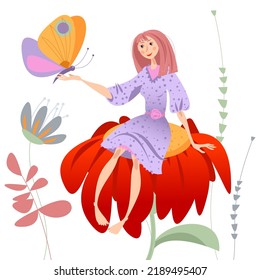 A tiny girl sitting on a big flower with a butterfly on her arm. Thumbelina. Vector illustration

