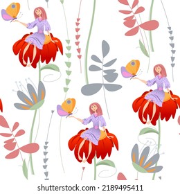 A tiny girl sitting on a big flower with a butterfly on her arm. Thumbelina. Seamless background pattern. Vector illustration

