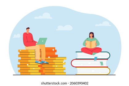 Tiny girl sitting on books and reading while boy using laptop. Ebook and paper book comparison flat vector illustration. Knowledge and education concept for banner, website design, landing web page