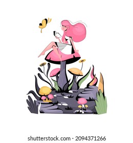 Tiny Girl Sitting on Huge Fairy Mushroom and Reading Book Vector Illustration. Fantastic Scene with Female Enjoying Literature in Fabulous Woodland