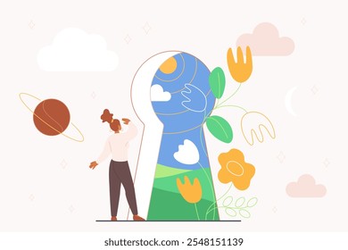 Tiny girl standing at big keyhole to explore bright world and freedom cartoon vector illustration. Self discovery, identity search and find, personality development, thoughts and thinking improvement