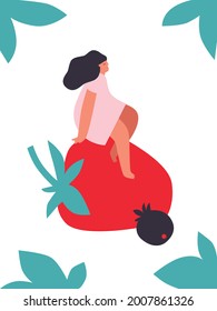 Tiny girl and strawberry cartoon vector illustration. People and fruits, berries banner. Healthy eating, cooking vegetarian food and dieting concept. Summer time. Harvest.