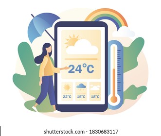 Tiny girl watching the weather forecast in smartphone app. Weather forecast online. Sun, clouds, wind, thunderstorm,rain. Meteorology science. Modern flat cartoon style. Vector illustration