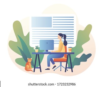 Tiny girl work in comfortable conditions home office. Freelance work concept. Working space. Modern flat cartoon style. Vector illustration on white background