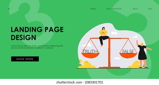 Tiny girls choosing between false and truth. Truth and false on huge scales flat vector illustration. Choice, balance concept for banner, website design or landing web page