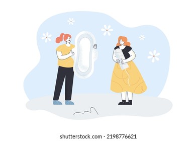 Tiny girls holding personal feminine hygiene products. Female characters with tampon and sanitary pad flat vector illustration. Menstruation concept for banner, website design or landing web page