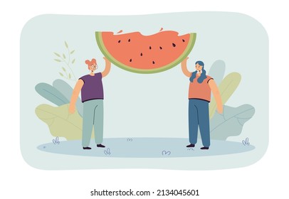 Tiny girls holding slice of watermelon flat vector illustration. Young people eating eco natural fruits, taking care of health. Healthy lifestyle concept for banner, website design or landing web page