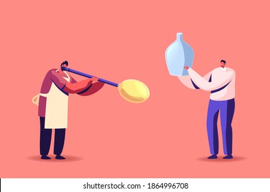 Tiny Glassblower Male Character Blowing Huge Yellow Glass Bubble Piece for Making Home Decor, Hobby or Working Occupation, Glassblowing Antique Craftsmanship. Cartoon People Vector Illustration