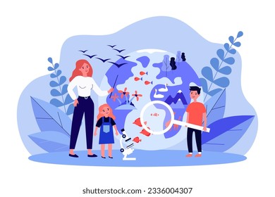 Tiny globe and teacher with students vector illustration. Cartoon drawing of children learning about environment, flora and fauna. Environment, education, ecology, protection, nature concept