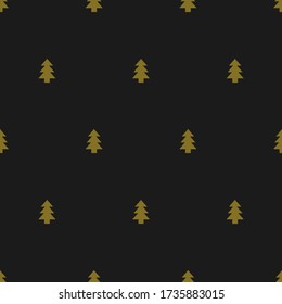 Tiny gold trees on black background. Seamless Christmas tree pattern for wrapping paper or textile. Winter wallpaper