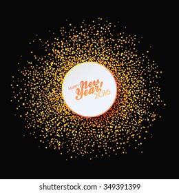 tiny golden confetti and round black label with greetings