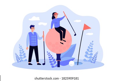 Tiny golf players with brassies and ball having fun on lawn. Champions enjoying game. Flat vector illustration for hobby, championship, activity, competition, recreation concept