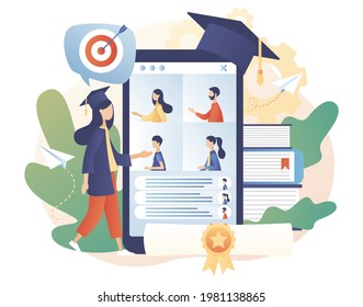 Pequeños graduados reciben diplomas y se comunican por video en smartphone. Graduación en línea. Educación en línea a distancia social. Estilo moderno de dibujos animados planos. Ilustración del vector sobre fondo blanco