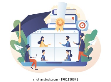 Tiny graduates receive diplomas and communicate via video on laptop. Online graduation. Online education at social distancing. Modern flat cartoon style. Vector illustration on white background