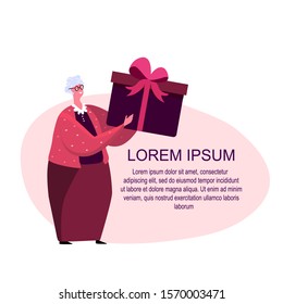 Tiny Granny Character Holding Huge Gift Box Wrapped with Ribbon Present for Birthday or Christmas Eve. Happy old woman bear present for her friends and relatives to celebrate. Flat vector illustration