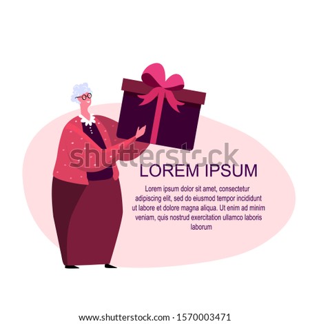 Tiny Granny Character Holding Huge Gift Box Wrapped with Ribbon Present for Birthday or Christmas Eve. Happy old woman bear present for her friends and relatives to celebrate. Flat vector illustration