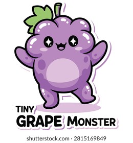 Tiny grape monster cute purple fruit character with spooky arms and funny face vector sticker