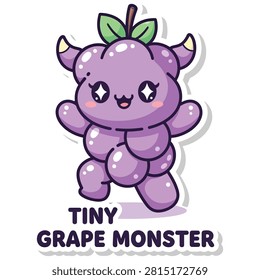 Tiny grape monster cute purple fruit character with spooky horns halloween vector sticker