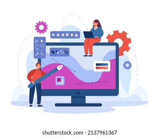 Tiny graphic designer drawing with big pen on computer screen. Creators at work, creative woman working in on laptop flat vector illustration. Digital design concept for banner or landing web page