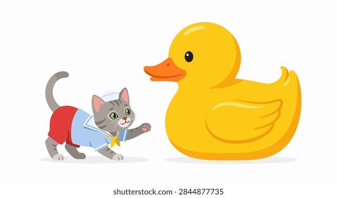 Tiny Gray Kitten Playing with an Enormous Yellow Rubber Duck