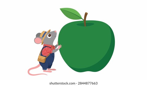 Tiny Gray Mouse Exploring an Enormous Green Apple