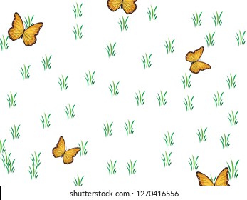 tiny green grass and butterfly vector for banner, presentation and wallpaper purposes on white background 187