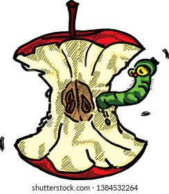 A tiny green worm wriggling out of an apple core for the concept: Bad to the core. Hand drawn vector illustration.