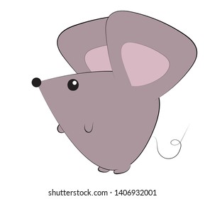 A tiny grey color mouse with two big ears, triangular in shape, vector, color drawing or illustration. 