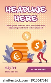 Tiny guy carrying huge gold coin. Dollar, cash, money flat vector illustration. Finance and banking concept for banner, website design or landing web page