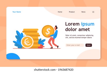 Tiny guy carrying huge gold coin. Dollar, cash, money flat vector illustration. Finance and banking concept for banner, website design or landing web page