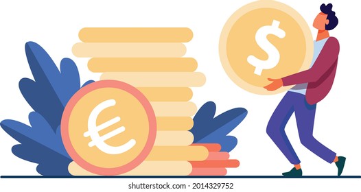 Tiny guy carrying huge gold coin. Dollar, cash, money flat vector illustration. Finance and banking concept for banner, website design or landing web page