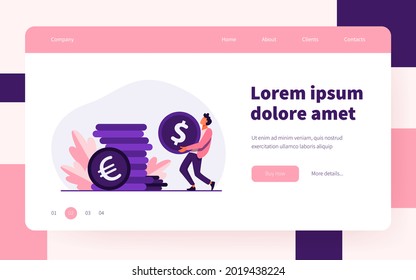 Tiny Guy Carrying Huge Gold Coin. Dollar, Cash, Money Flat Vector Illustration. Finance And Banking Concept For Banner, Website Design Or Landing Web Page