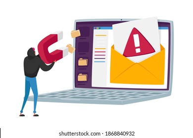 Tiny Hacker Character Hacking Personal Data and Document Folders from Laptop Screen Using Huge Magnet. Phishing via Internet, Email Spoofing or Fishing Messages. Cartoon People Vector Illustration