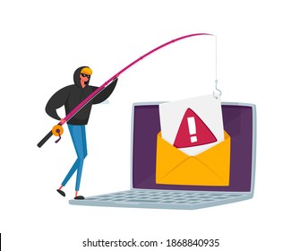 Tiny Hacker Male Character with Rods Phishing Personal Data in Huge Laptop via Internet, Email Spoofing or Fishing Messages, Hacking Cyber Crime with Credit Card. Cartoon People Vector Illustration