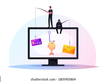 Tiny Hackers Hacking Credit Card or Personal Data. Male Characters Sitting on Huge Computer with Rods Phishing via Internet, Email Spoofing or Fishing Messages. Cartoon People Vector Illustration