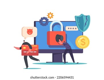 Tiny Hackers Hacking Credit Card or Personal Data Online. Male Characters Attack Huge Computer, Phishing via Internet, Email Spoofing, Cyber Crime Concept.Cartoon People Vector Illustration