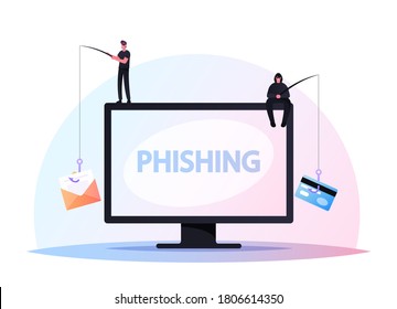 Tiny Hackers Male Characters Sitting on Huge Computer with Rods Phishing via Internet, Email Spoofing or Fishing Messages, Hacking Credit Card or Personal Data. Cartoon People Vector Illustration